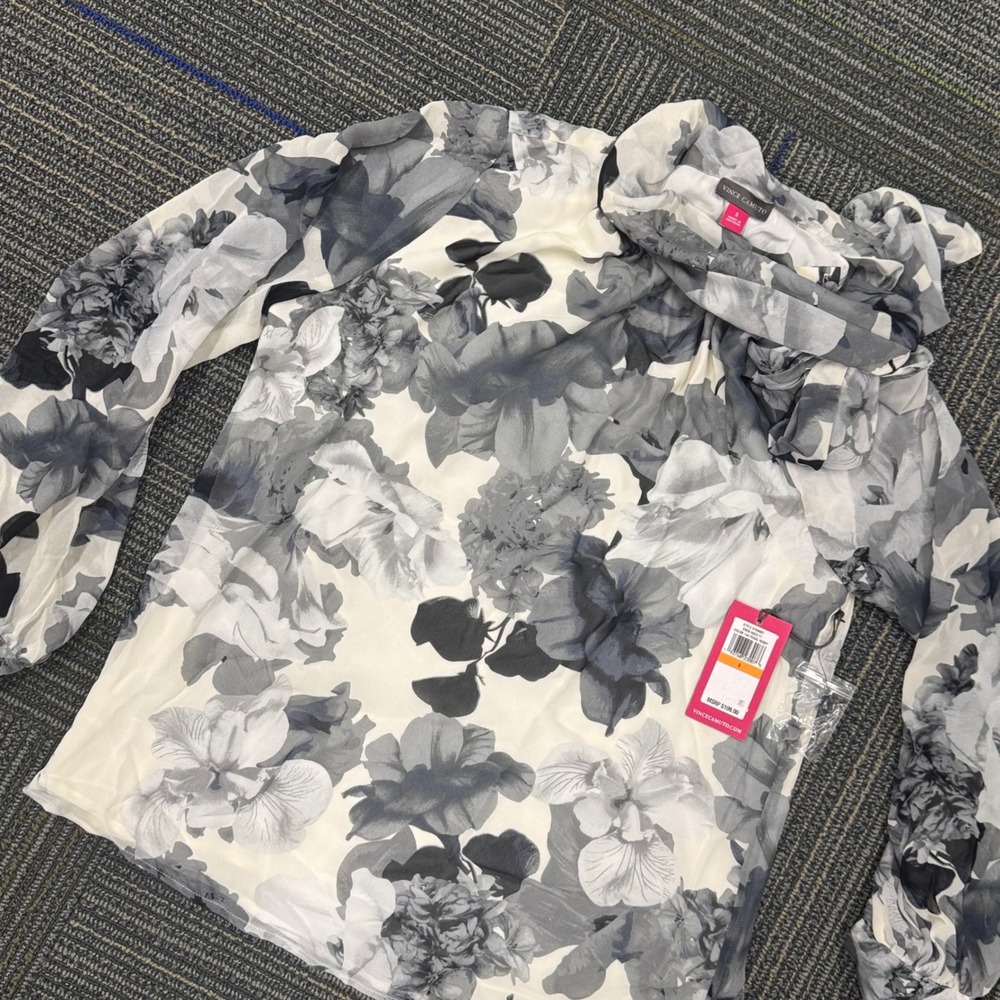 Vince Camuto Vivid Hues Floral Print Bow Neck Blouse Ivory Black Size S